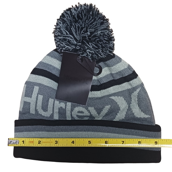 Hurley Ragland Black Gray Pom Beanie Knit Winter Hat Cuffed Acrylic One Size New - Picture 10 of 14